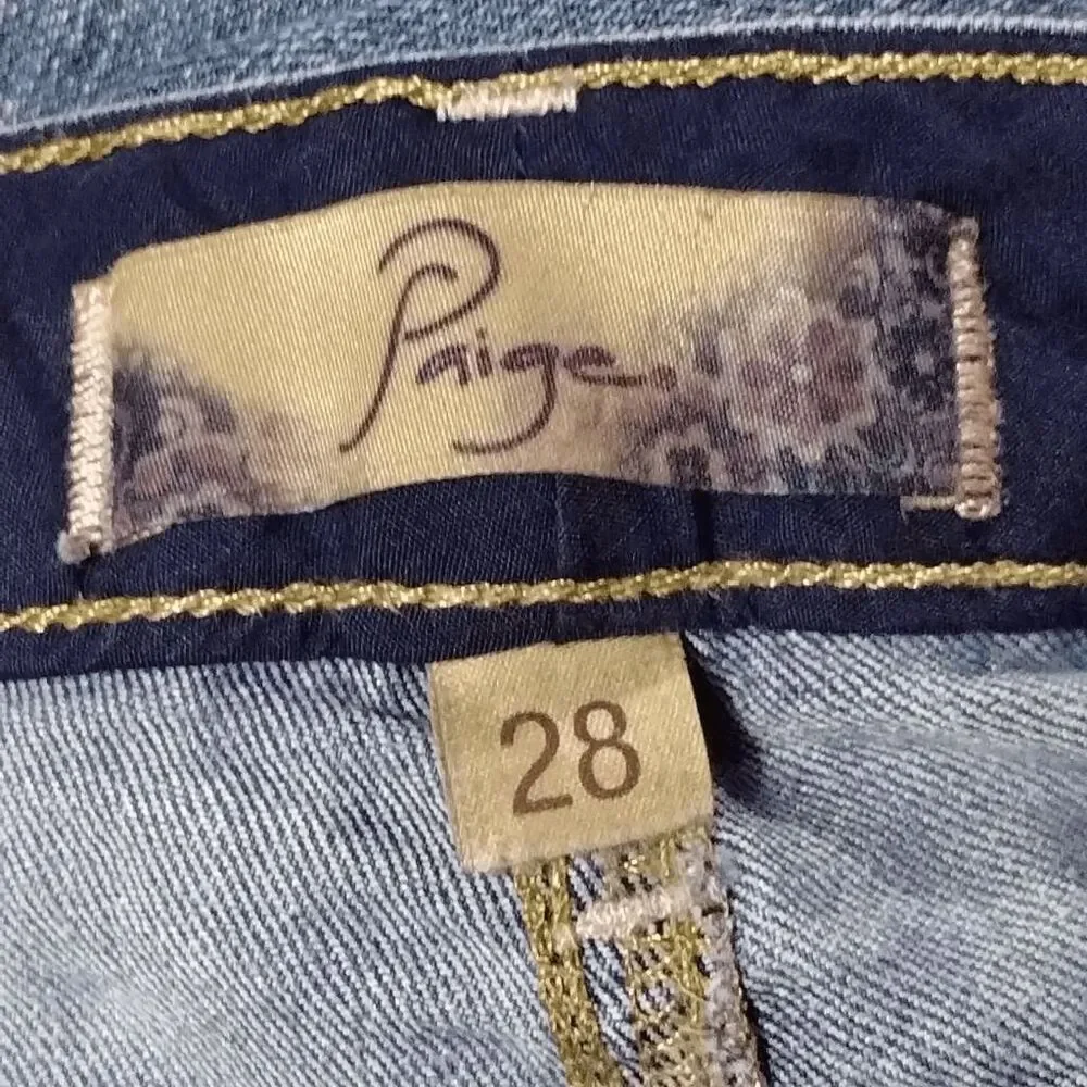 Paige Peg Straight Distressed Ripped Jeans Sz 28 Tall Blue Stretch Denim